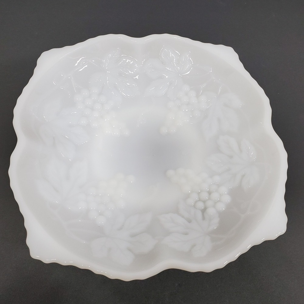 Westmoreland Milk Glass Grape Harvest Bowl White Scalloped Pedestal Vintage 10in